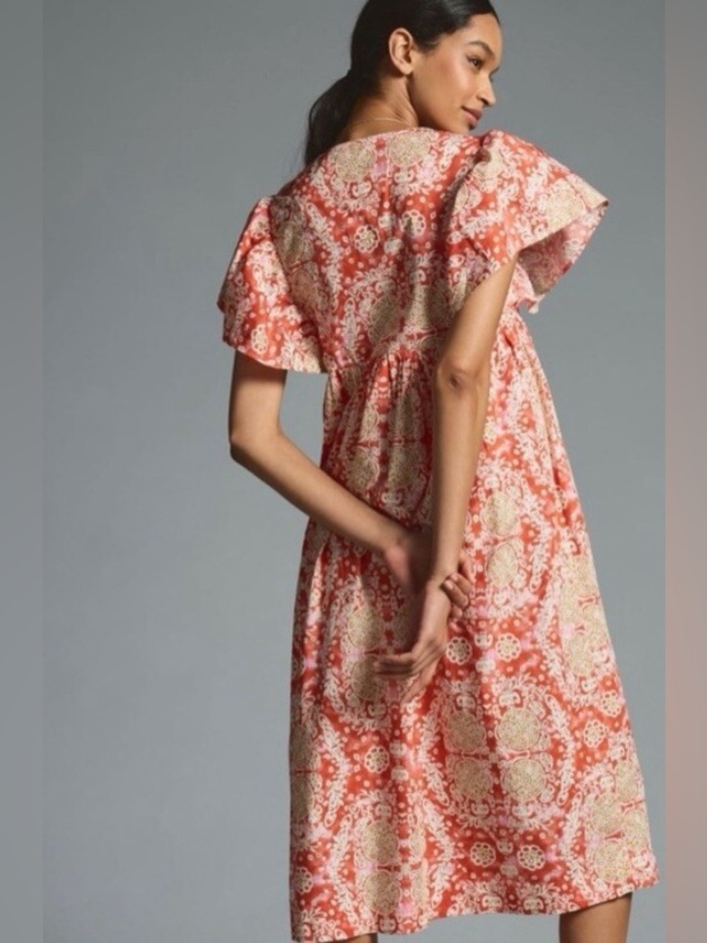 Anthro Maeve Cotton Midi Dress Boho Block Print Flutter Sleeve Cottagecore XS - Picture 3 of 15